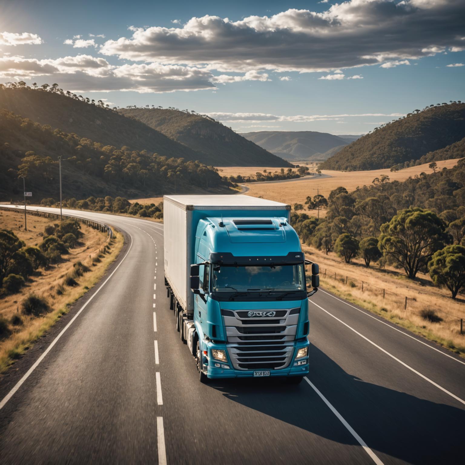 Refrigerated truck travelling along an Australian highway at dawn