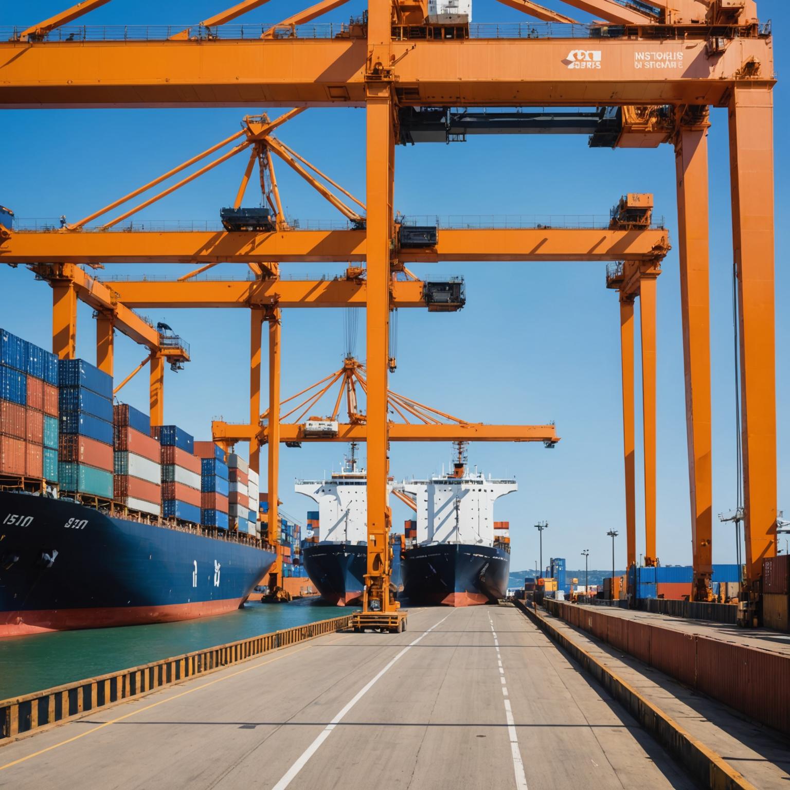 Container vessel at a busy international port with cranes loading cargo