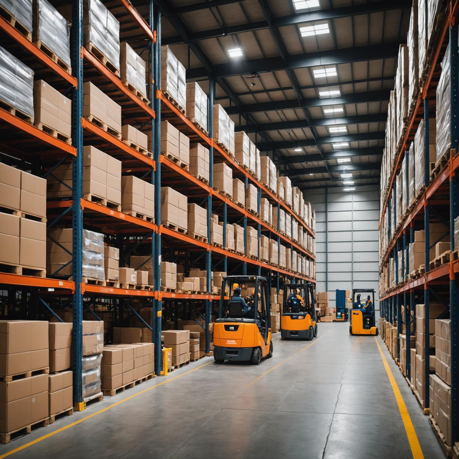 Organised warehouse with forklift operator moving palletised goods